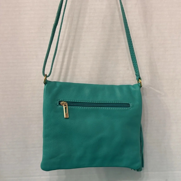 Made in Italy Genuine Leather Teal Crossbody Handbag with Zipper Tassel - Picture 5 of 10